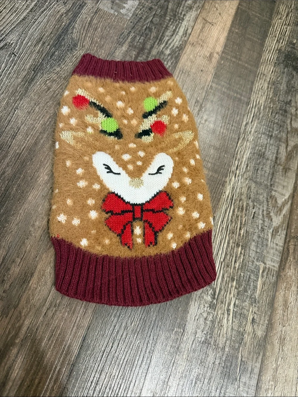 Fawn Reindeer Holiday Knit Pet Sweater in Brown and Burgundy